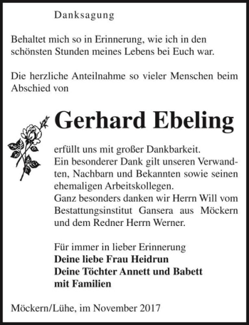 Traueranzeige von Gerhard Ebeling  von Magdeburger Volksstimme