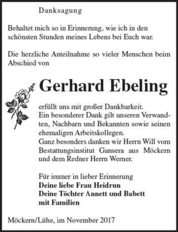 Traueranzeige von Gerhard Ebeling  von Magdeburger Volksstimme