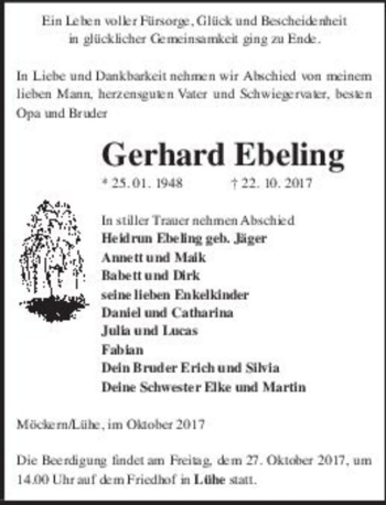 Traueranzeige von Gerhard Ebeling  von Magdeburger Volksstimme