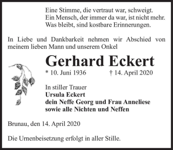 Traueranzeige von Gerhard Eckert  von Magdeburger Volksstimme