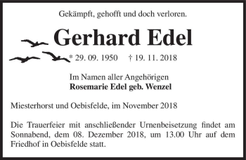 Traueranzeige von Gerhard Edel  von Magdeburger Volksstimme