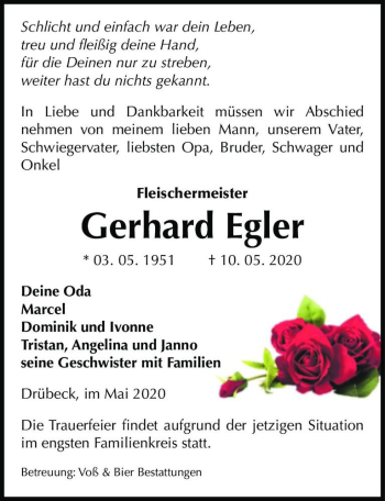 Traueranzeige von Gerhard Egler  von Magdeburger Volksstimme