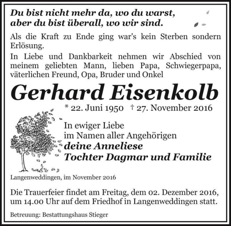  Traueranzeige für Gerhard Eisenkolb  vom 30.11.2016 aus Magdeburger Volksstimme
