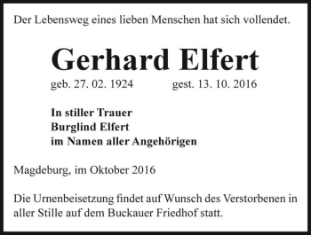 Traueranzeige von Gerhard Elfert  von Magdeburger Volksstimme