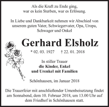 Traueranzeige von Gerhard Elsholz  von Magdeburger Volksstimme