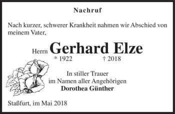 Traueranzeige von Gerhard Elze  von Magdeburger Volksstimme