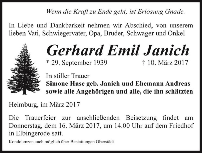  Traueranzeige für Gerhard Emil Janich  vom 15.03.2017 aus Magdeburger Volksstimme