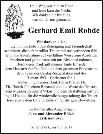 Traueranzeige von Gerhard Emil Rohde  von Magdeburger Volksstimme