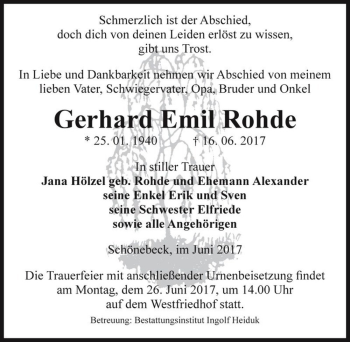 Traueranzeige von Gerhard Emil Rohde  von Magdeburger Volksstimme