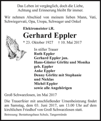 Traueranzeige von Gerhard Eppler  von Magdeburger Volksstimme