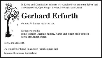 Traueranzeige von Gerhard Erfurth  von Magdeburger Volksstimme
