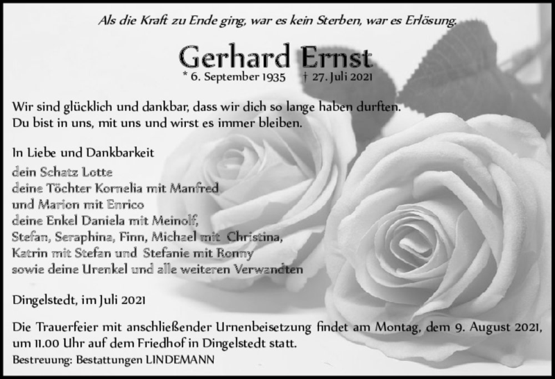  Traueranzeige für Gerhard Ernst  vom 31.07.2021 aus Magdeburger Volksstimme