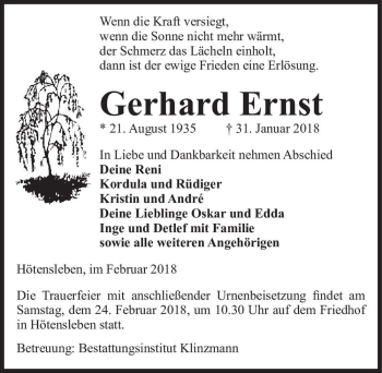 Traueranzeige von Gerhard Ernst  von Magdeburger Volksstimme