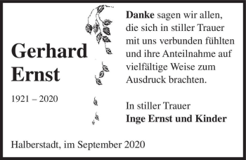 Traueranzeige von Gerhard Ernst  von Magdeburger Volksstimme