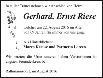 Traueranzeige von Gerhard Ernst Riese  von Magdeburger Volksstimme