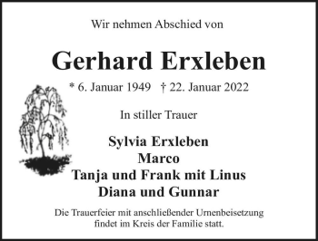 Traueranzeige von Gerhard Erxleben  von Magdeburger Volksstimme