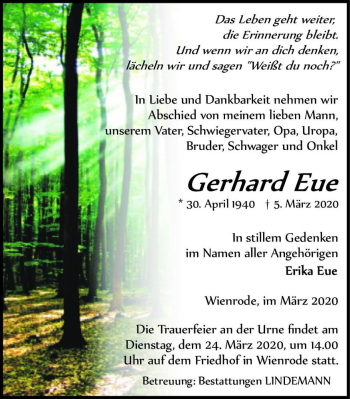 Traueranzeige von Gerhard Eue  von Magdeburger Volksstimme