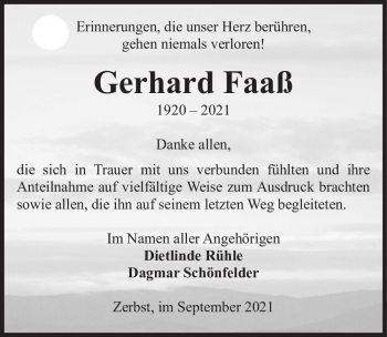 Traueranzeige von Gerhard Faaß  von Magdeburger Volksstimme