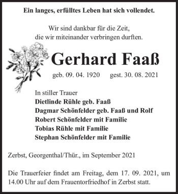 Traueranzeige von Gerhard Faaß  von Magdeburger Volksstimme