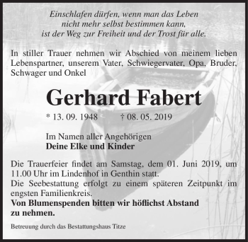 Traueranzeige von Gerhard Fabert  von Magdeburger Volksstimme