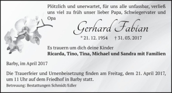 Traueranzeige von Gerhard Fabian  von Magdeburger Volksstimme
