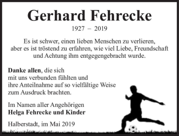 Traueranzeige von Gerhard Fehrecke  von Magdeburger Volksstimme