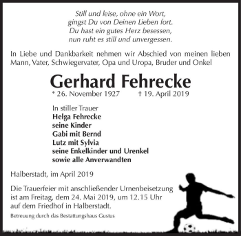 Traueranzeige von Gerhard Fehrecke  von Magdeburger Volksstimme