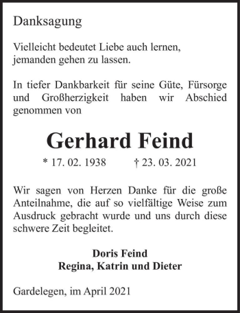 Traueranzeige von Gerhard Feind  von Magdeburger Volksstimme