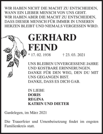 Traueranzeige von Gerhard Feind  von Magdeburger Volksstimme