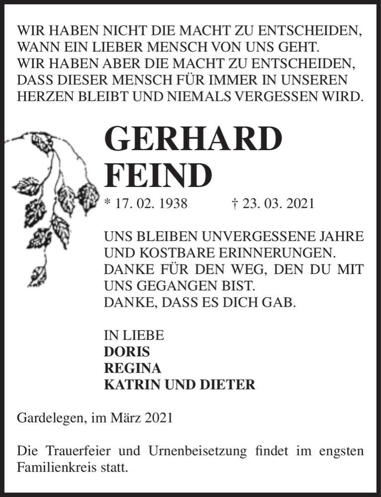  Traueranzeige für Gerhard Feind  vom 31.03.2021 aus Magdeburger Volksstimme