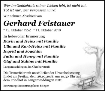 Traueranzeige von Gerhard Feistauer  von Magdeburger Volksstimme
