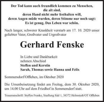 Traueranzeige von Gerhard Fenske  von Magdeburger Volksstimme