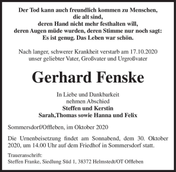 Traueranzeige von Gerhard Fenske  von Magdeburger Volksstimme