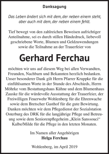Traueranzeige von Gerhard Ferchau  von Magdeburger Volksstimme