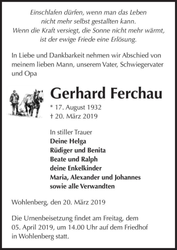 Traueranzeige von Gerhard Ferchau  von Magdeburger Volksstimme