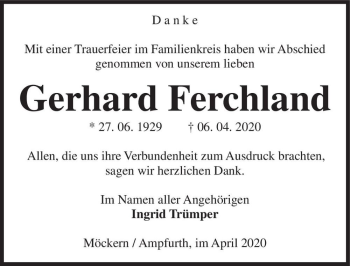 Traueranzeige von Gerhard Ferchland  von Magdeburger Volksstimme