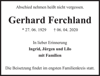Traueranzeige von Gerhard Ferchland  von Magdeburger Volksstimme