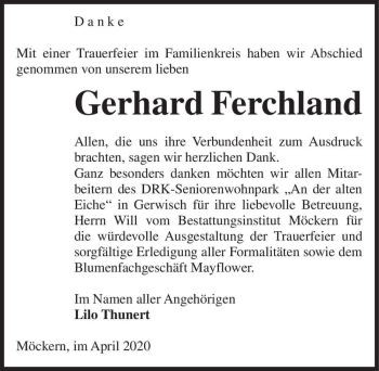 Traueranzeige von Gerhard Ferchland  von Magdeburger Volksstimme