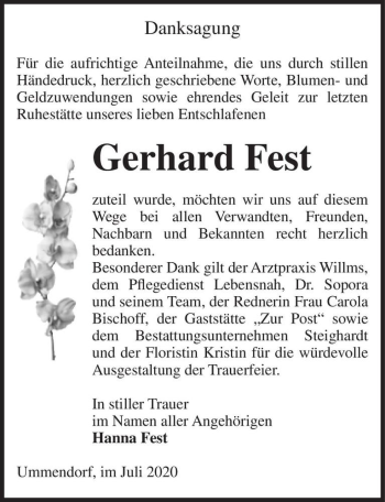 Traueranzeige von Gerhard Fest  von Magdeburger Volksstimme