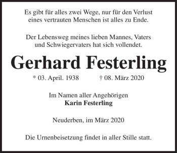 Traueranzeige von Gerhard Festerling  von Magdeburger Volksstimme