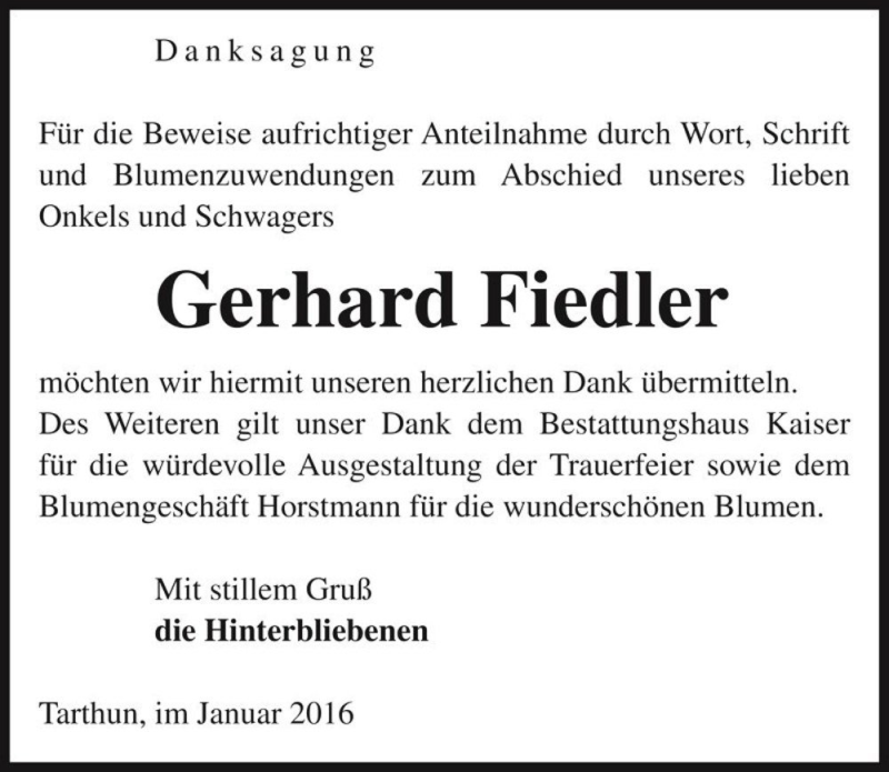  Traueranzeige für Gerhard Fiedler  vom 06.02.2016 aus Magdeburger Volksstimme