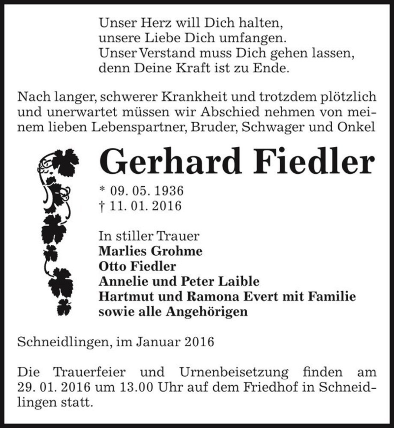  Traueranzeige für Gerhard Fiedler  vom 16.01.2016 aus Magdeburger Volksstimme