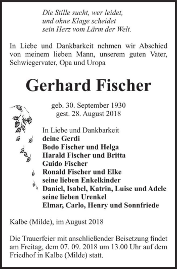 Traueranzeige von Gerhard Fischer  von Magdeburger Volksstimme