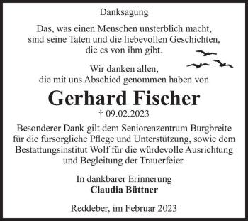 Traueranzeige von Gerhard Fischer  von Magdeburger Volksstimme