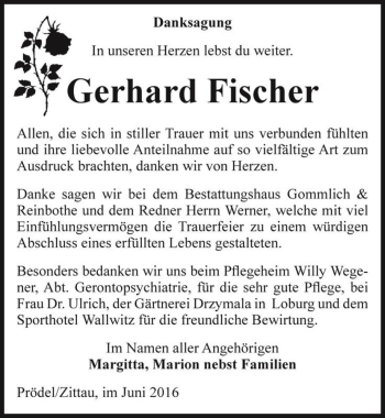 Traueranzeige von Gerhard Fischer  von Magdeburger Volksstimme