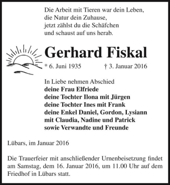 Traueranzeige von Gerhard Fiskal  von Magdeburger Volksstimme