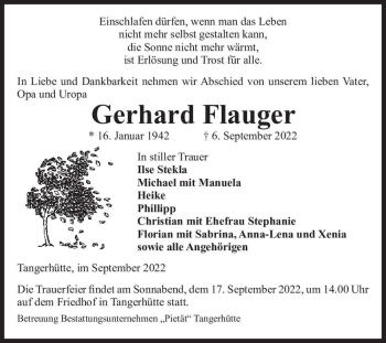 Traueranzeige von Gerhard Flauger  von Magdeburger Volksstimme