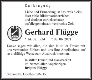 Traueranzeige von Gerhard Flügge  von Magdeburger Volksstimme
