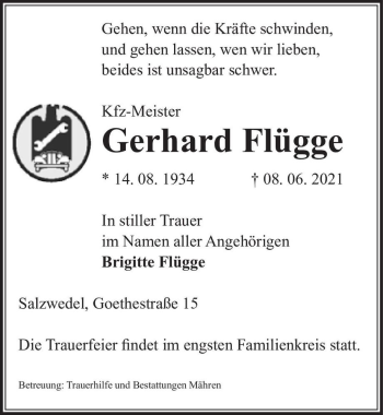 Traueranzeige von Gerhard Flügge  von Magdeburger Volksstimme