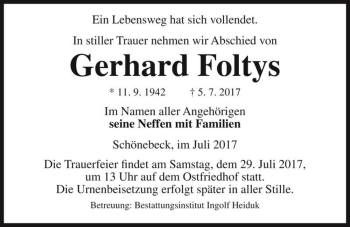 Traueranzeige von Gerhard Foltys  von Magdeburger Volksstimme